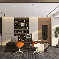 Modern Office Interior Design With Desk Chairs Bookshelf And Green Plant