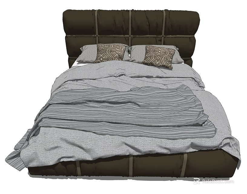 Dark Leather Double Bed With Striped Gray Bedspread And Decorative Patterned Pillows 3d model