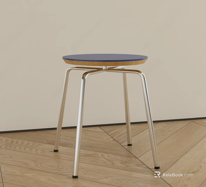 Modern Minimalist Stool With Blue Round Seat And Silver Metal Legs On Wooden Floor 3d model 