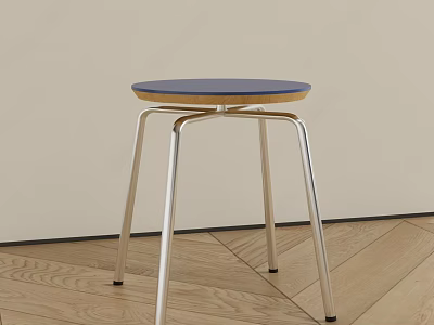 Modern Minimalist Stool With Blue Round Seat And Silver Metal Legs On Wooden Floor 3d model