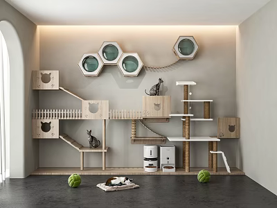 Wooden Cat Play Area With Hexagonal Wall Designs Cat Trees Beds And Toys 3d model