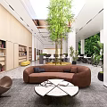 Modern Public Office Space Interior With Marble Reception Counter Greenery Wall And Wooden Panels