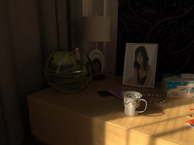 Decorative Ornament Set With Glass Fishbowl Table Lamp Photo Frame Mug On Wooden Nightstand 3d model