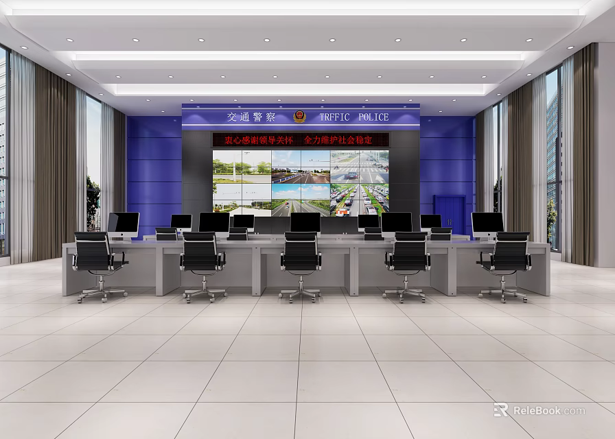 Modern Monitoring Room Interior With Blue Walls Multiple Surveillance Monitors And Control Desks 3d model 