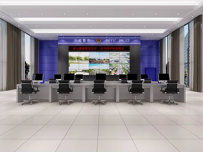 Modern Monitoring Room Interior With Blue Walls Multiple Surveillance Monitors And Control Desks 3d model