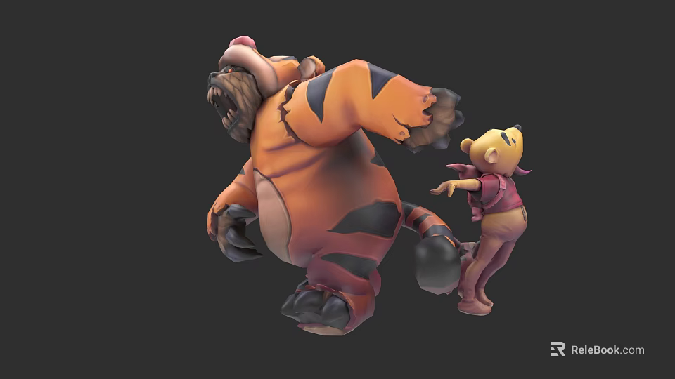 Animated Game Movie Characters Tiger With Black Stripes And Bear Cub In Pink Vest 3d model 
