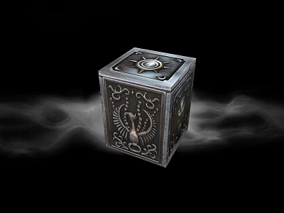 Mystical Metal Cube With Intricate Carvings And Decorative Top Surrounded By Smoke 3d model
