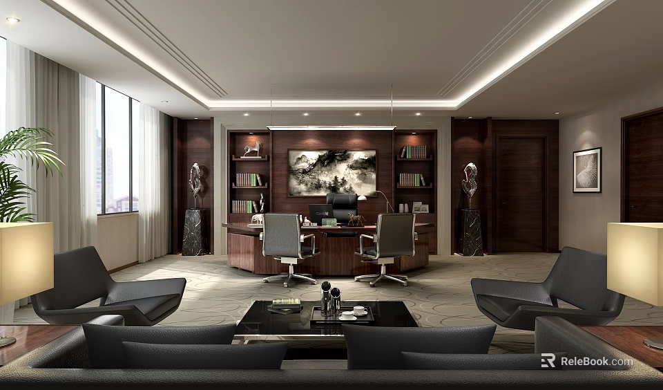 Modern Luxury Office Interior With Executive Desk Bookshelves Sofa And Floor To Ceiling Windows 3d model 