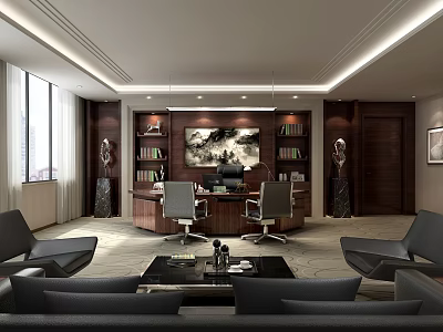 Modern Luxury Office Interior With Executive Desk Bookshelves Sofa And Floor To Ceiling Windows 3d model