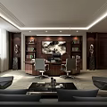 Modern Luxury Office Interior With Executive Desk Bookshelves Sofa And Floor To Ceiling Windows