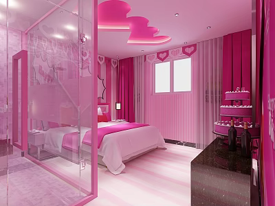 Pink Themed Hotel Room With Heart Shaped Decor Glass Partition And Dressing Table 3d model