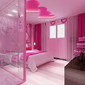 Pink Themed Hotel Room With Heart Shaped Decor Glass Partition And Dressing Table
