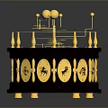 Intricate Golden Decorative Artifact With Dark Red Octagonal Base Spheres Rings And Symbols