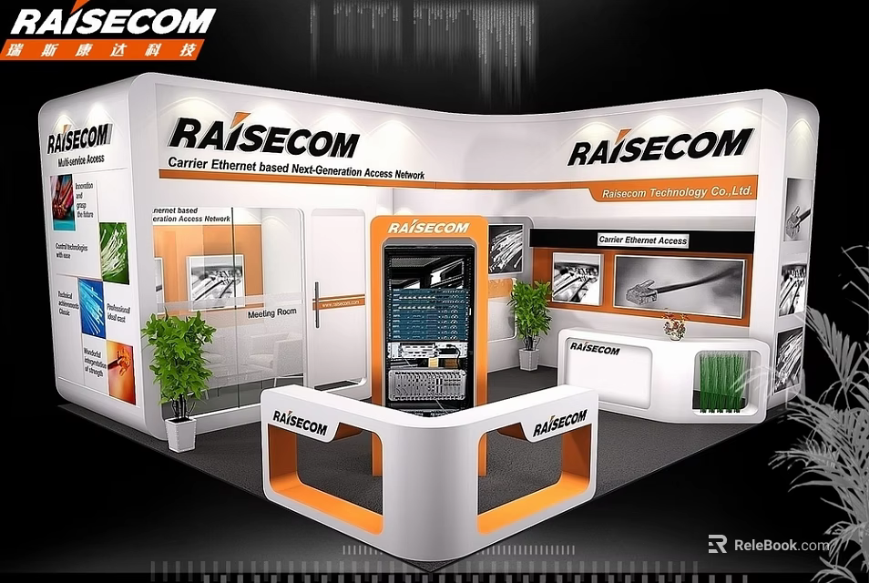 RAISECOM Modern Exhibition Booth with White and Orange Design Brand Signage Display Screens and Counter 3d model 