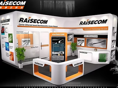 RAISECOM Modern Exhibition Booth with White and Orange Design Brand Signage Display Screens and Counter 3d model