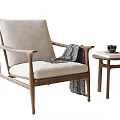 Comfortable Accent Chair with Wooden Frame Beige Cushion Side Table and Gray Blanket