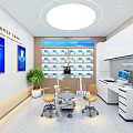 Dental Clinic Interior With Treatment Chairs White Cabinets Green Plants And Blue Posters