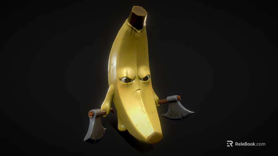 Yellow Banana Character With Frowning Expression Holding Two Axes 3D Model Design 3d model 