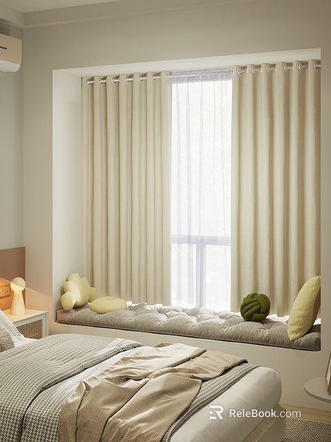 Beige Curtains In Modern Bedroom Window With Soft Light Filtering Fabric And Cozy Pillows 3d model 
