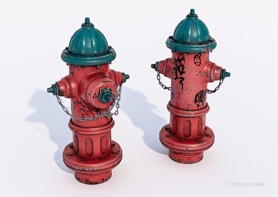 Two Red Fire Hydrants With Green Tops And Graffiti Decorative Features 3d model 