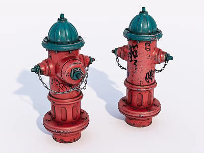 Two Red Fire Hydrants With Green Tops And Graffiti Decorative Features 3d model