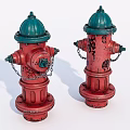 Two Red Fire Hydrants With Green Tops And Graffiti Decorative Features