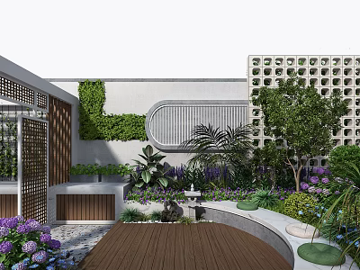 Serene Garden Landscape With Wooden Deck Green Wall Lush Plants Colorful Flowers And Stone Pathways 3d model