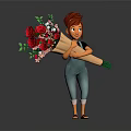 Red Haired Cartoon Character In Black Top Blue Overalls Holding Large Bouquet Of Red Roses