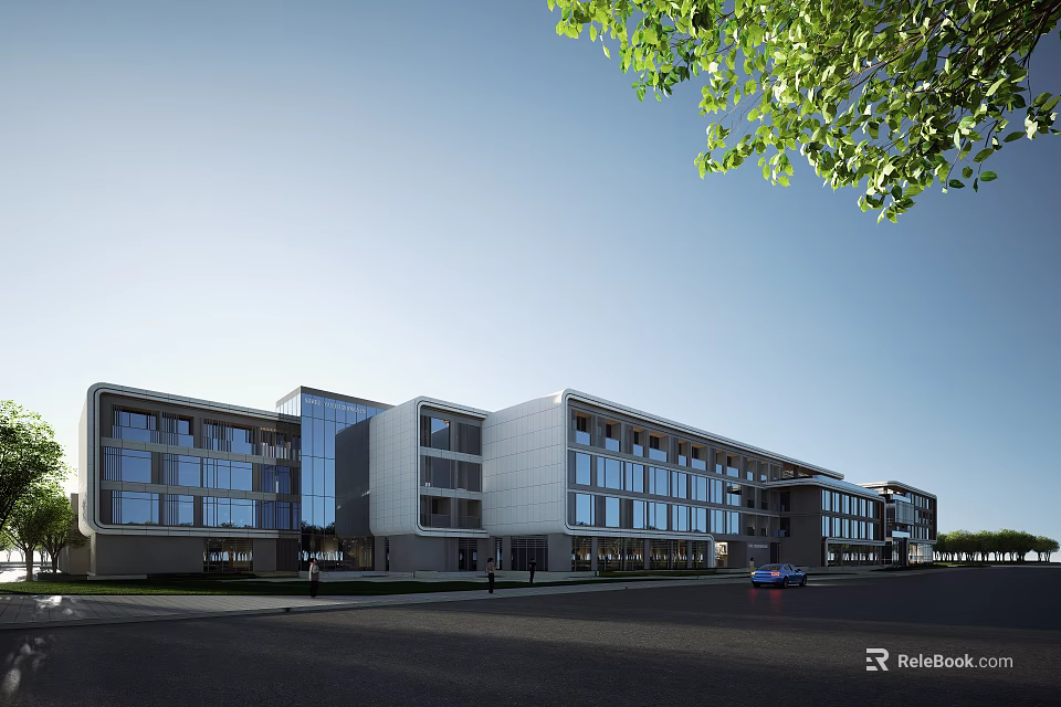 Modern Office Building Exterior With Glass Curtain Wall And Green Trees 3d model 