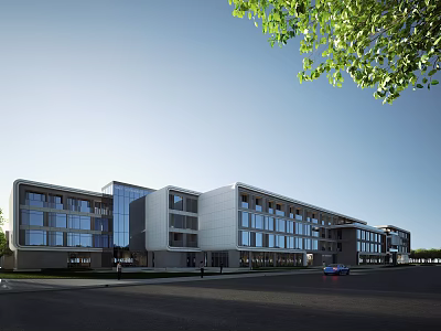 Modern Office Building Exterior With Glass Curtain Wall And Green Trees 3d model