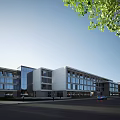Modern Office Building Exterior With Glass Curtain Wall And Green Trees