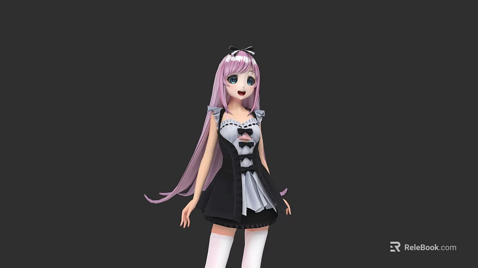 Cute Anime Game Character With Long Pink Hair Blue Eyes And Black White Maid Outfit 3d model 