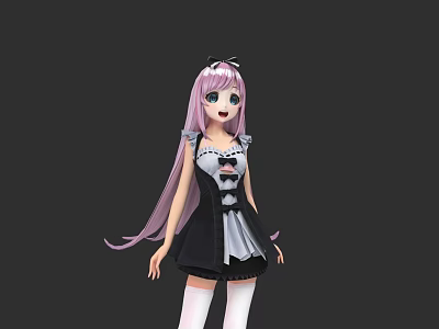 Cute Anime Game Character With Long Pink Hair Blue Eyes And Black White Maid Outfit 3d model