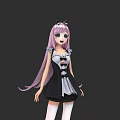 Cute Anime Game Character With Long Pink Hair Blue Eyes And Black White Maid Outfit