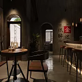Rustic Industrial Bar Interior With Brick Walls Wooden Counter And Pendant Lights