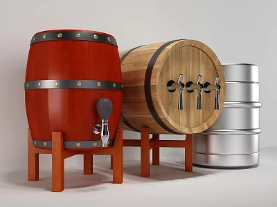 Red And Light Wood Barrels With Metal Hoops And Taps Alongside Silver Metal Barrel 3d model