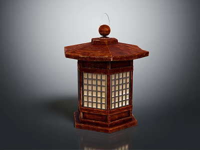 Traditional Wooden Hexagonal Lantern With Lattice Shade And Round Top Ornament Design 3d model