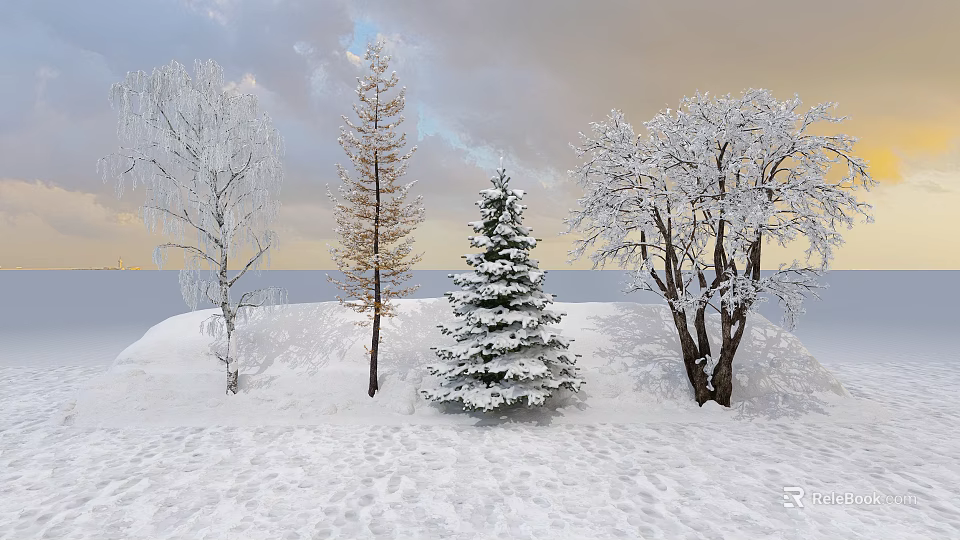 Winter Snowy Landscape With Various Types Of Trees Covered In Snow 3d model 
