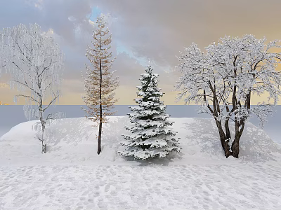 Winter Snowy Landscape With Various Types Of Trees Covered In Snow 3d model
