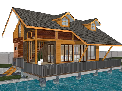 Detached Villa on Water with Wooden Exterior Large Windows Balcony and Gray Roof 3d model