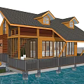 Detached Villa on Water with Wooden Exterior Large Windows Balcony and Gray Roof