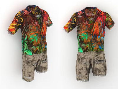 Vibrant Patterned Short Sleeve Shirts Paired with Distressed Khaki Casual Shorts 3d model