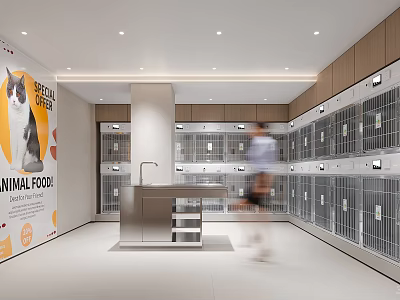 Pet Facility Interior With Metal Cages Stainless Steel Workbench And Animal Food Poster 3d model