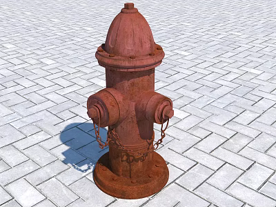 Rusty Red Fire Hydrant Fire Safety Equipment On Brick Pavement With Chains 3d model