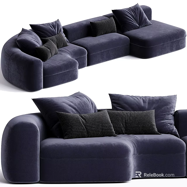 Navy Blue Velvet Multi Seater Sofa With Black Decorative Pillows And Curved Design 3d model 