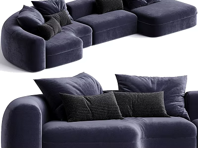 Navy Blue Velvet Multi Seater Sofa With Black Decorative Pillows And Curved Design 3d model