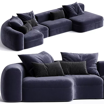 Navy Blue Velvet Multi Seater Sofa With Black Decorative Pillows And Curved Design 3d model
