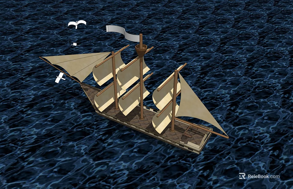 Vintage Sailing Ship with White Sails Sailing on Blue Ocean Water and Seagulls Flying 3d model 