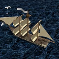 Vintage Sailing Ship with White Sails Sailing on Blue Ocean Water and Seagulls Flying