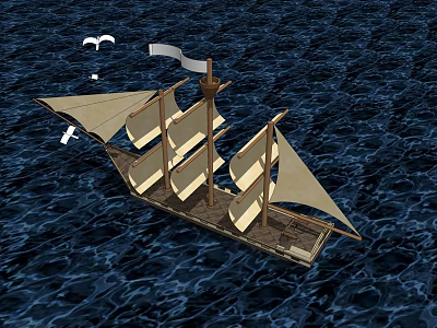 Vintage Sailing Ship with White Sails Sailing on Blue Ocean Water and Seagulls Flying 3d model